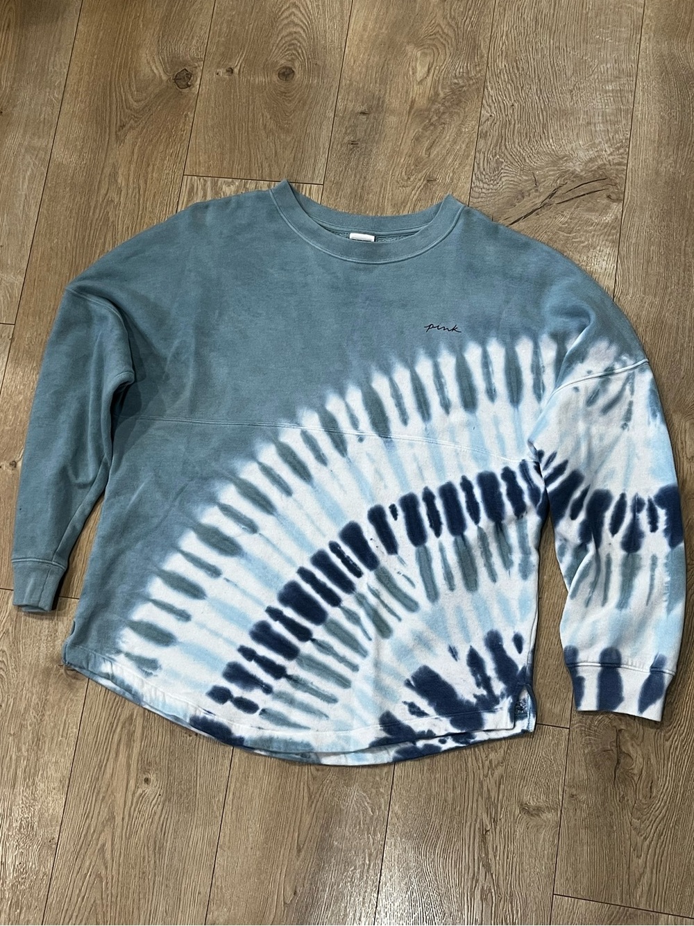 Victoria's Secret PINK Varsity Crew Sweatshirt Oil Blue Tie Dye Medium